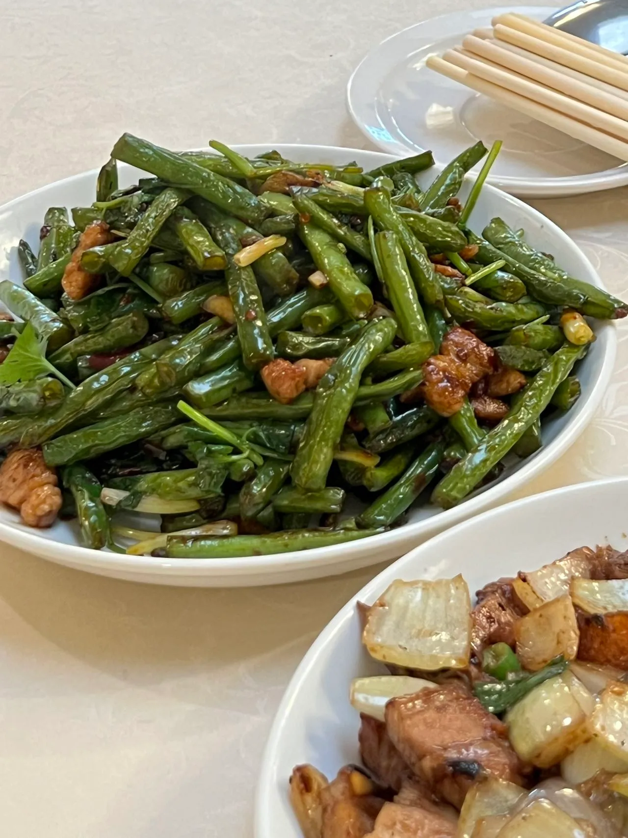 Stir-fried green beans with pork and side dish at WingLock